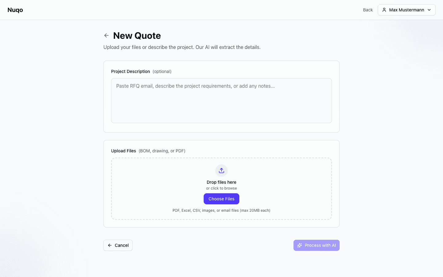 Nuqo quoting software — upload form for BOMs and drawings