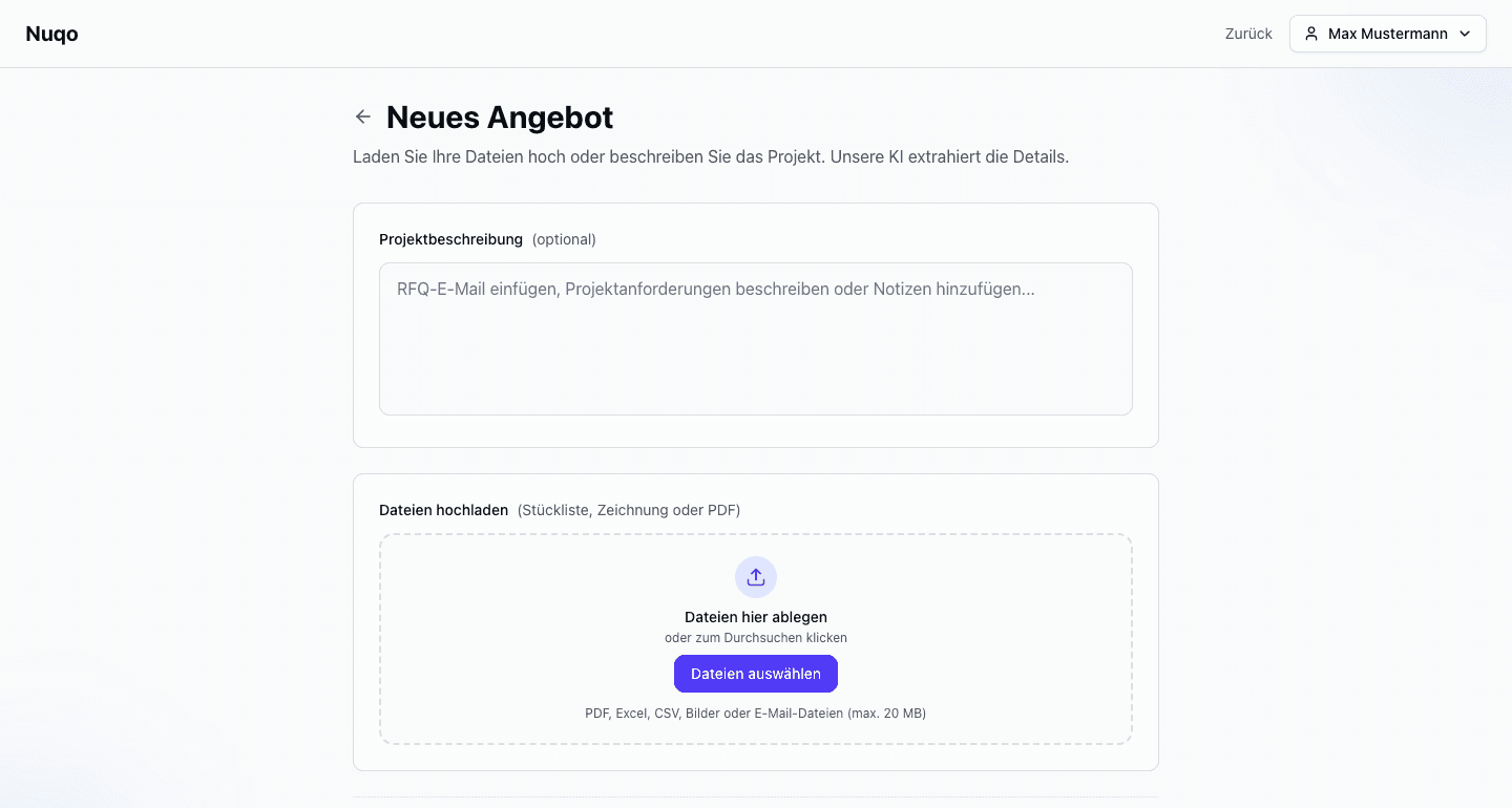Nuqo upload form for BOMs and drawings