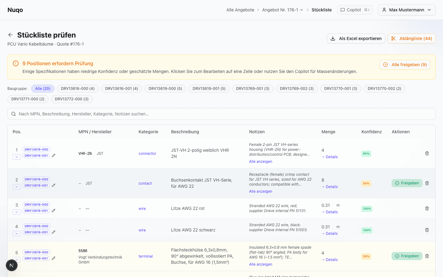 BOM review view in Nuqo
